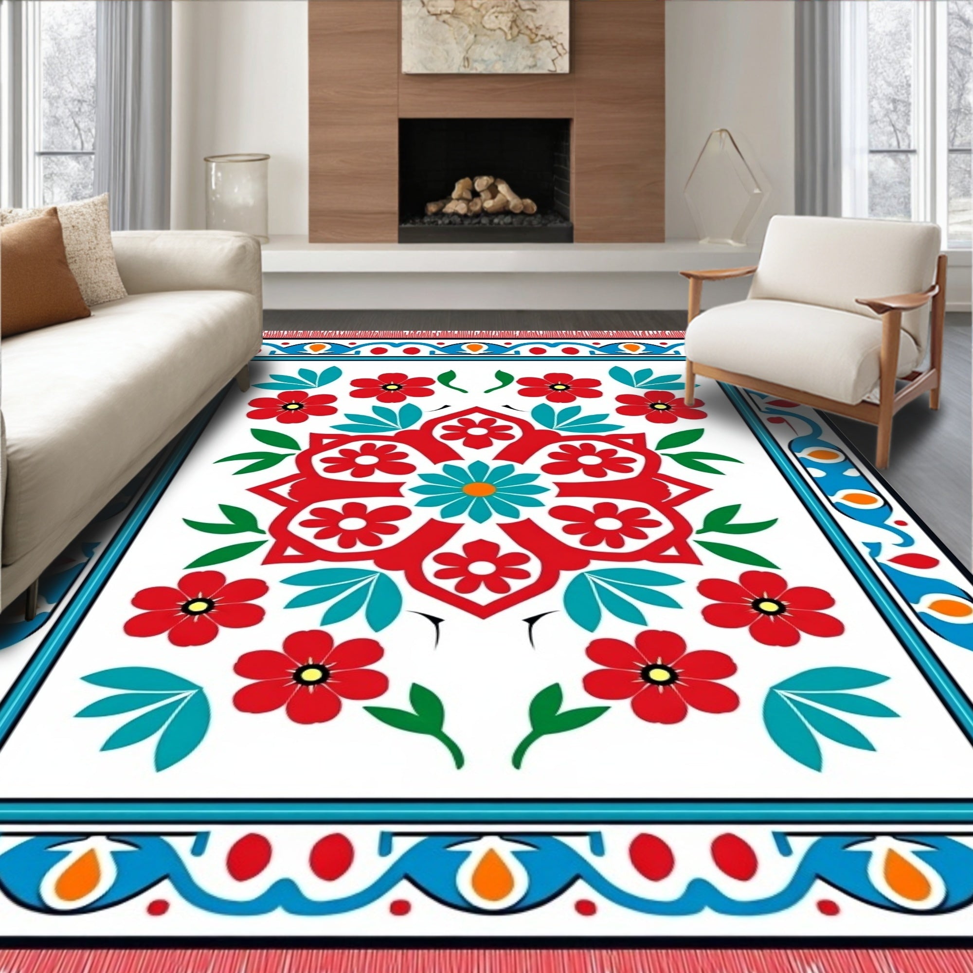 Red Teal Floral Medallion Borders Rug