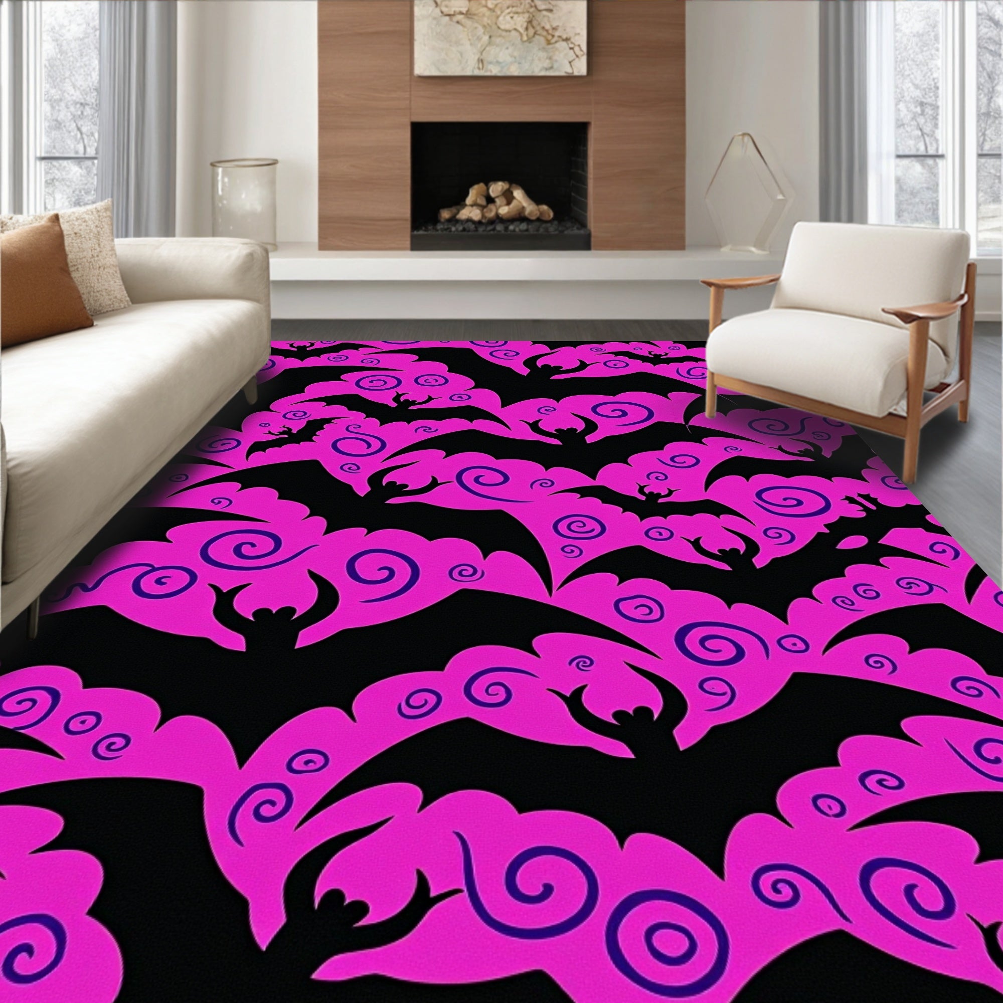 Vibrant Pink Bat Swirls Black Rug