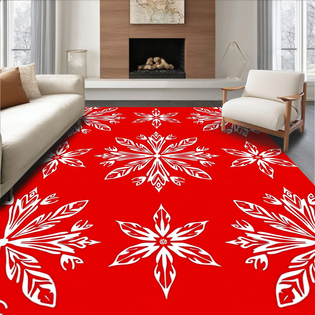 Bold White Snowflake Red Background Rug