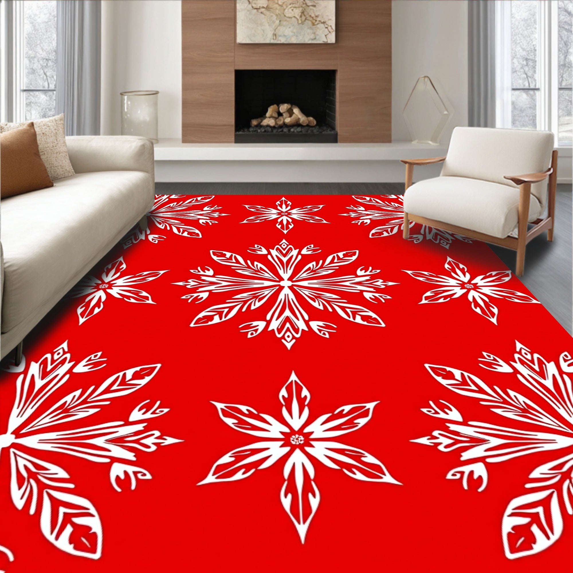 Bold White Snowflake Red Background Rug