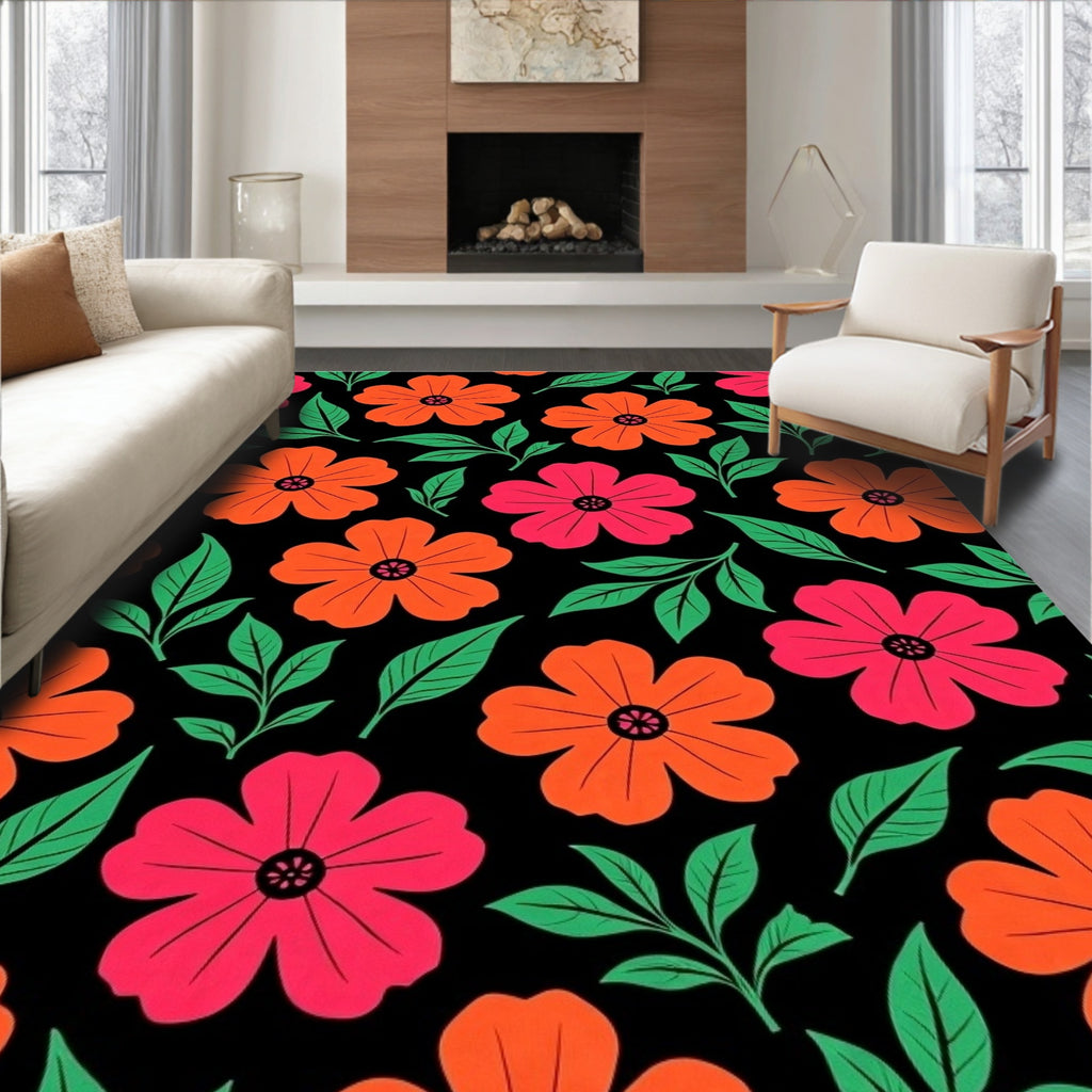 Vibrant Pink Orange Floral Branches Rug