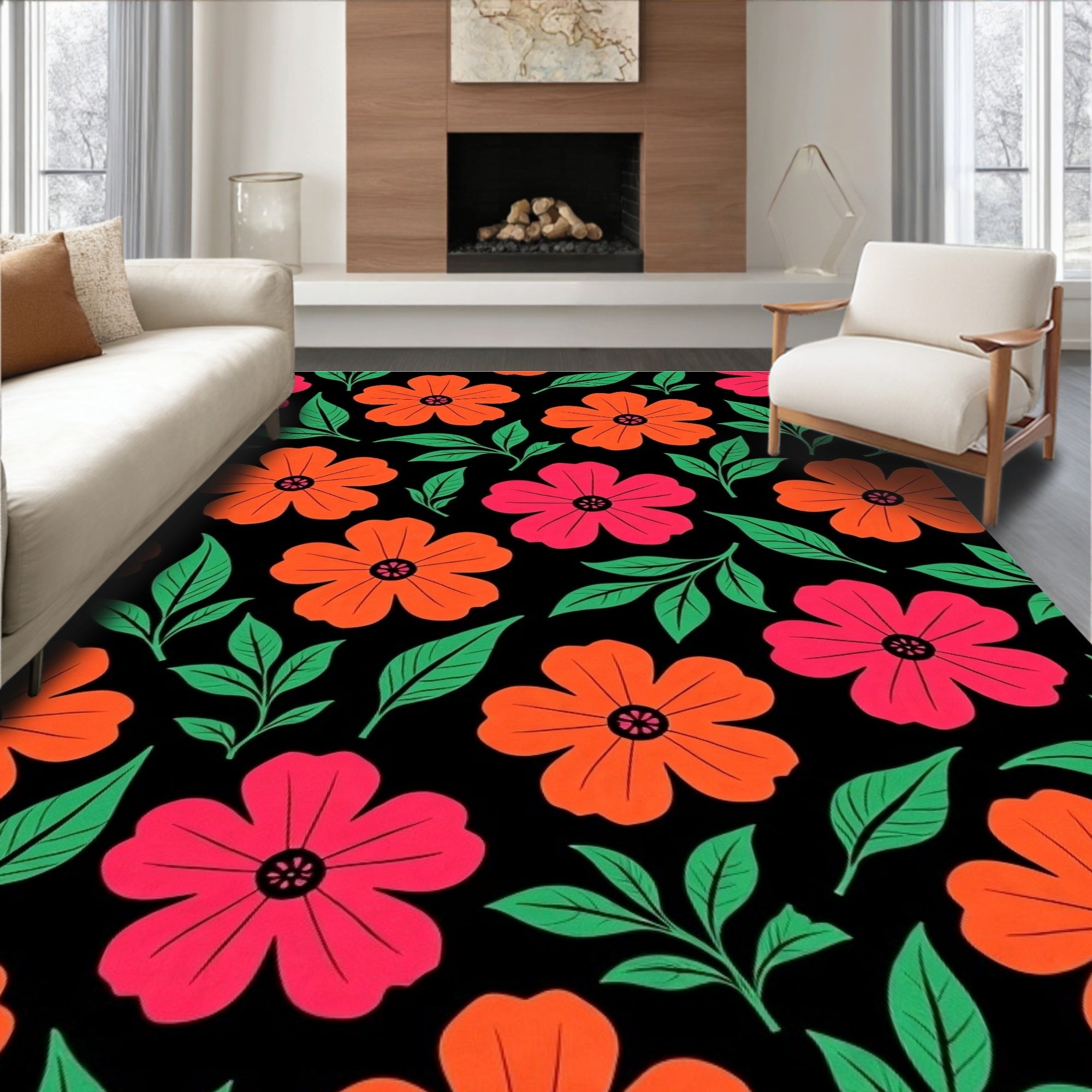 Vibrant Pink Orange Floral Branches Rug