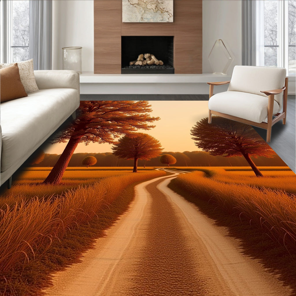 Golden Autumn Path Countryside Trees Rug