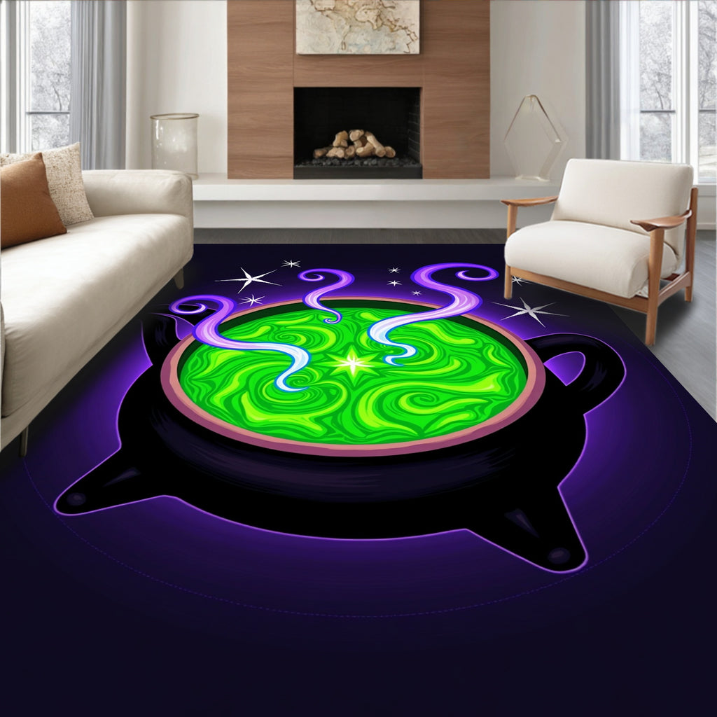 Witchy Cauldron Green Swirls Stars Rug