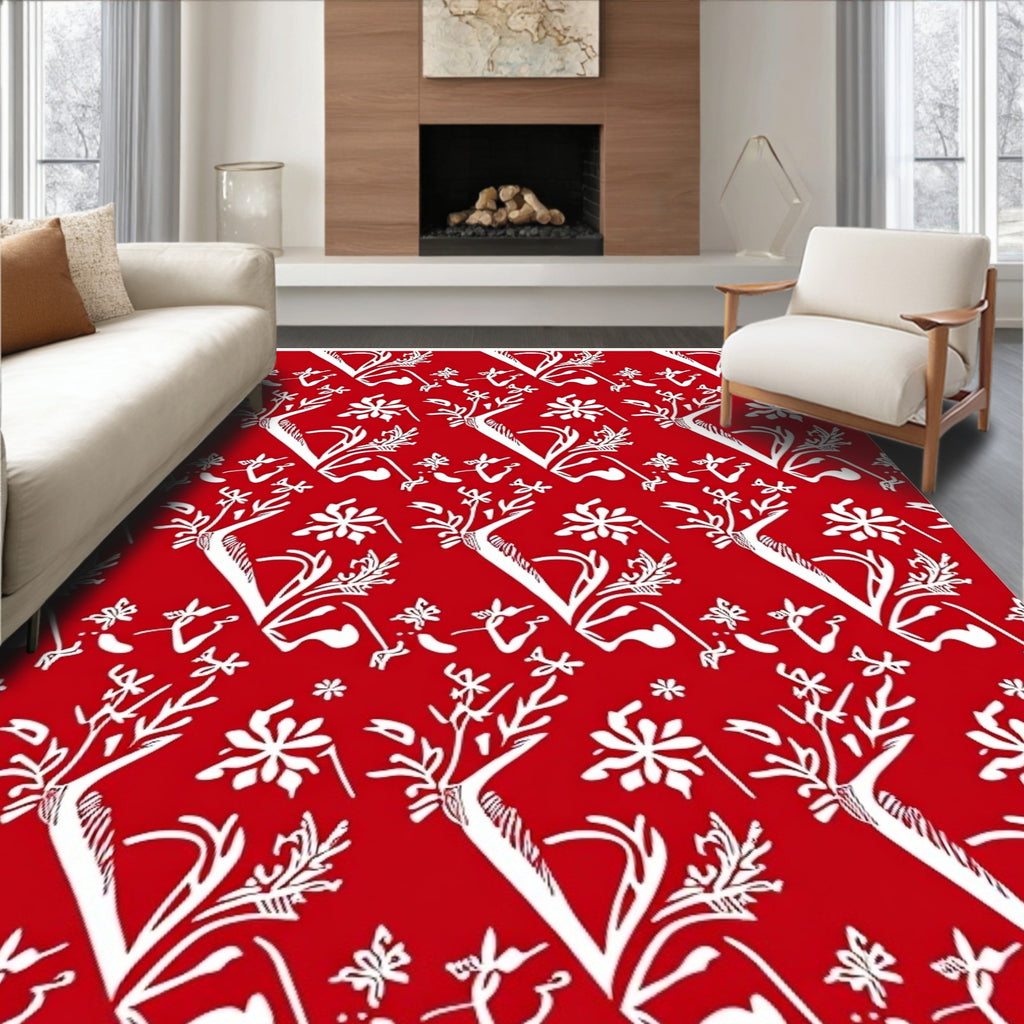 Chinoiseries Red White Floral Tree Scroll Rug