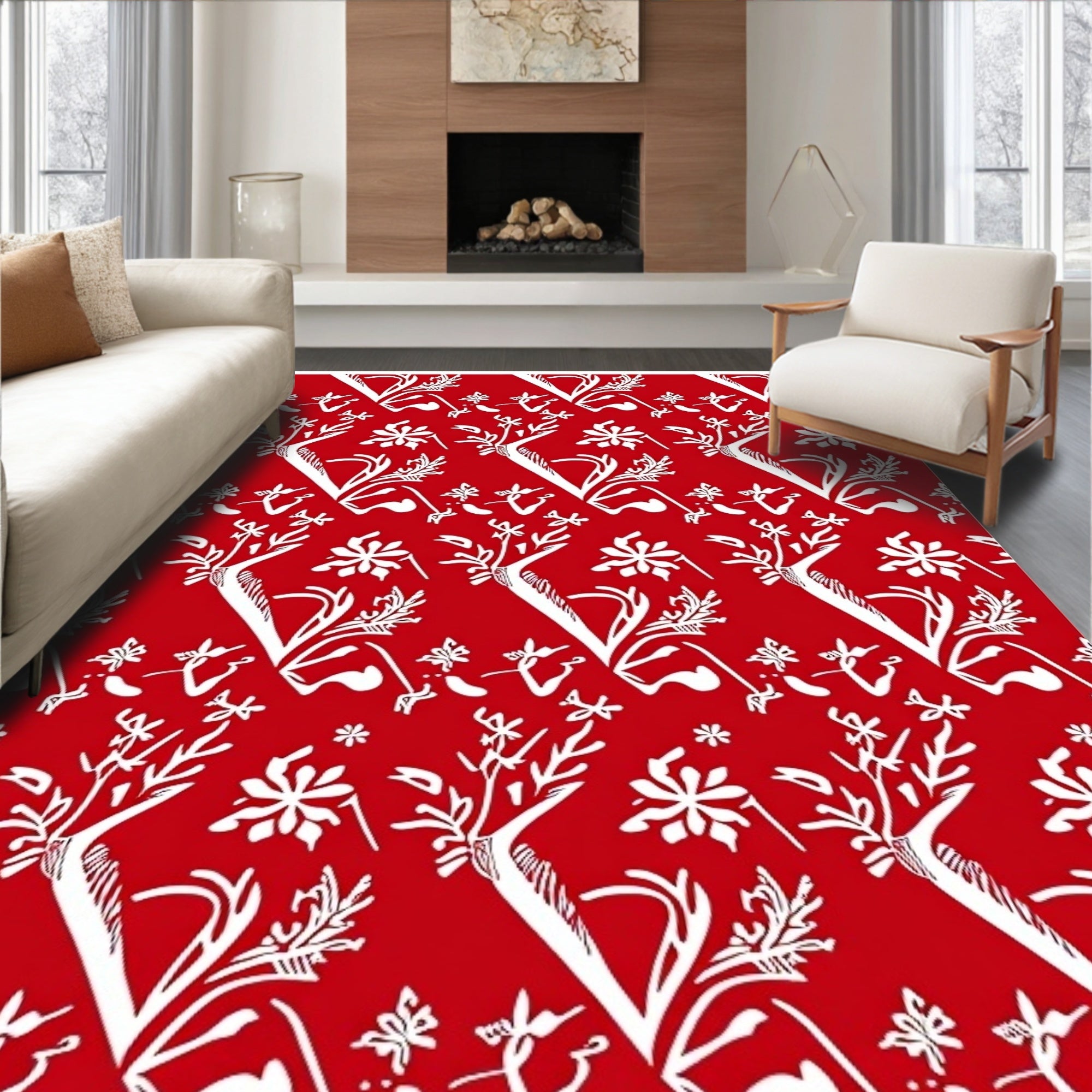 Chinoiseries Red White Floral Tree Scroll Rug