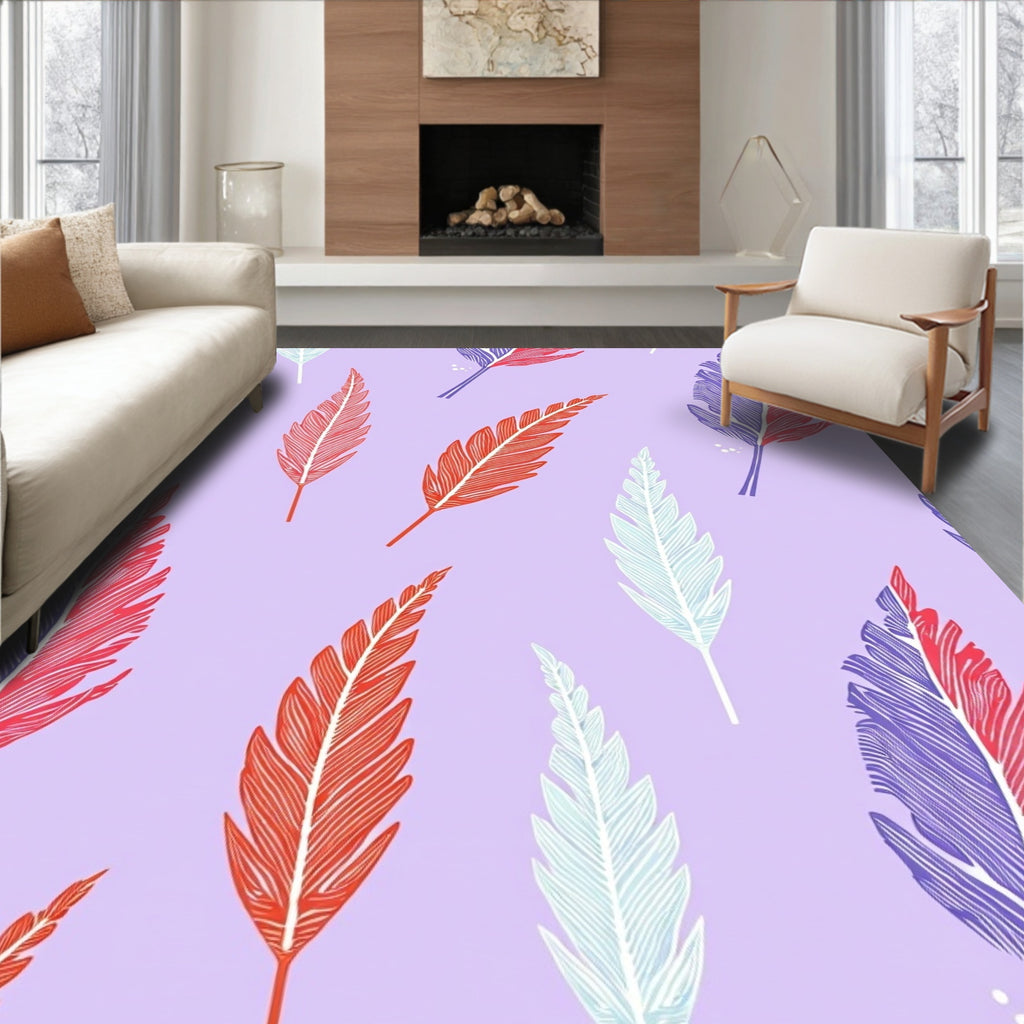 Crimson Blue Feathered Branches Art Rug
