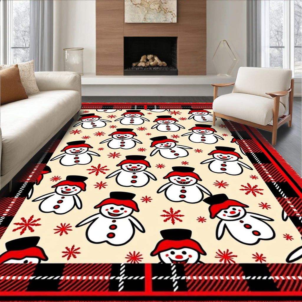 Cheerful Snowman Red Plaid Border Rug