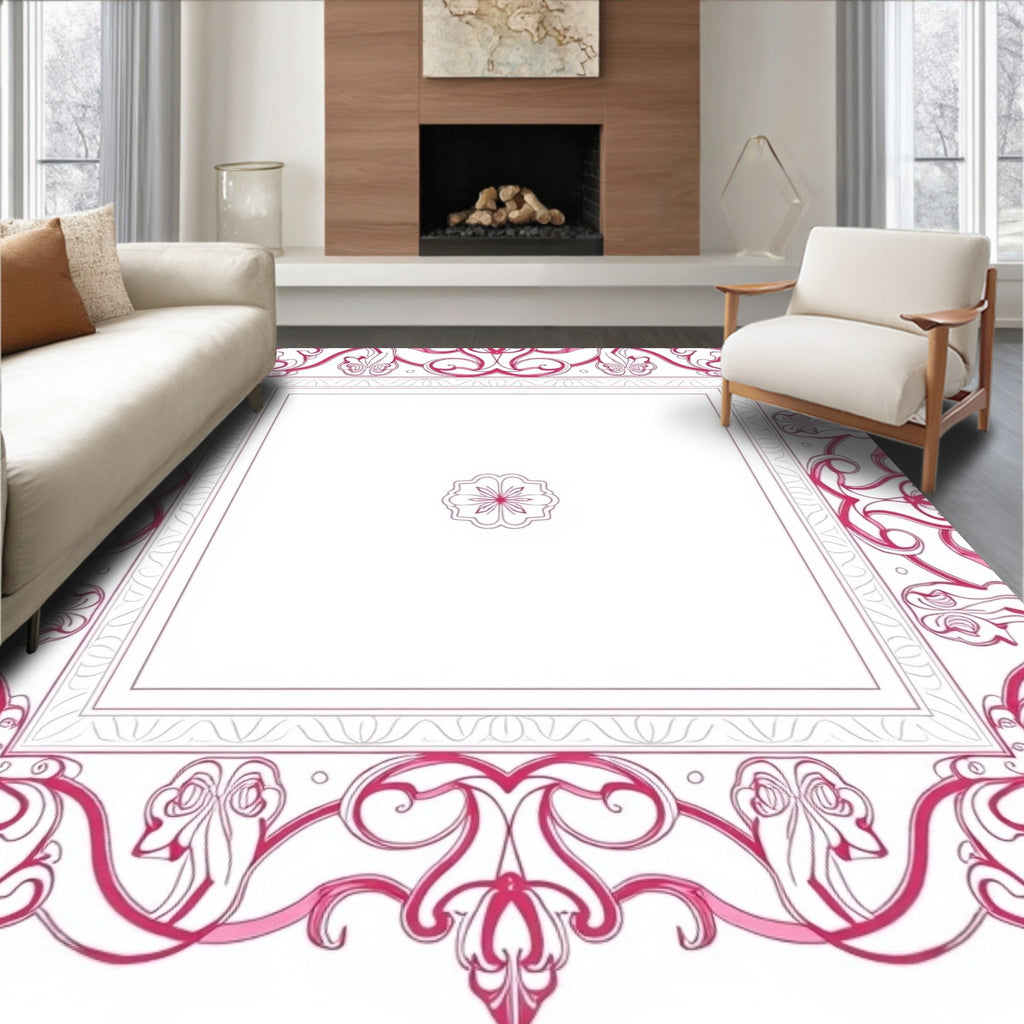 Vibrant Pink Floral Scroll Frame Rug