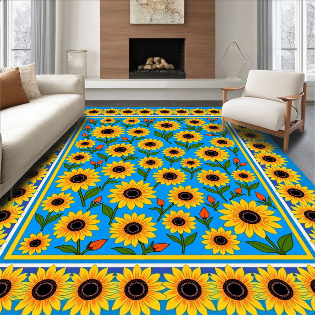 Vibrant Yellow Sunflowers Blue Field Rug