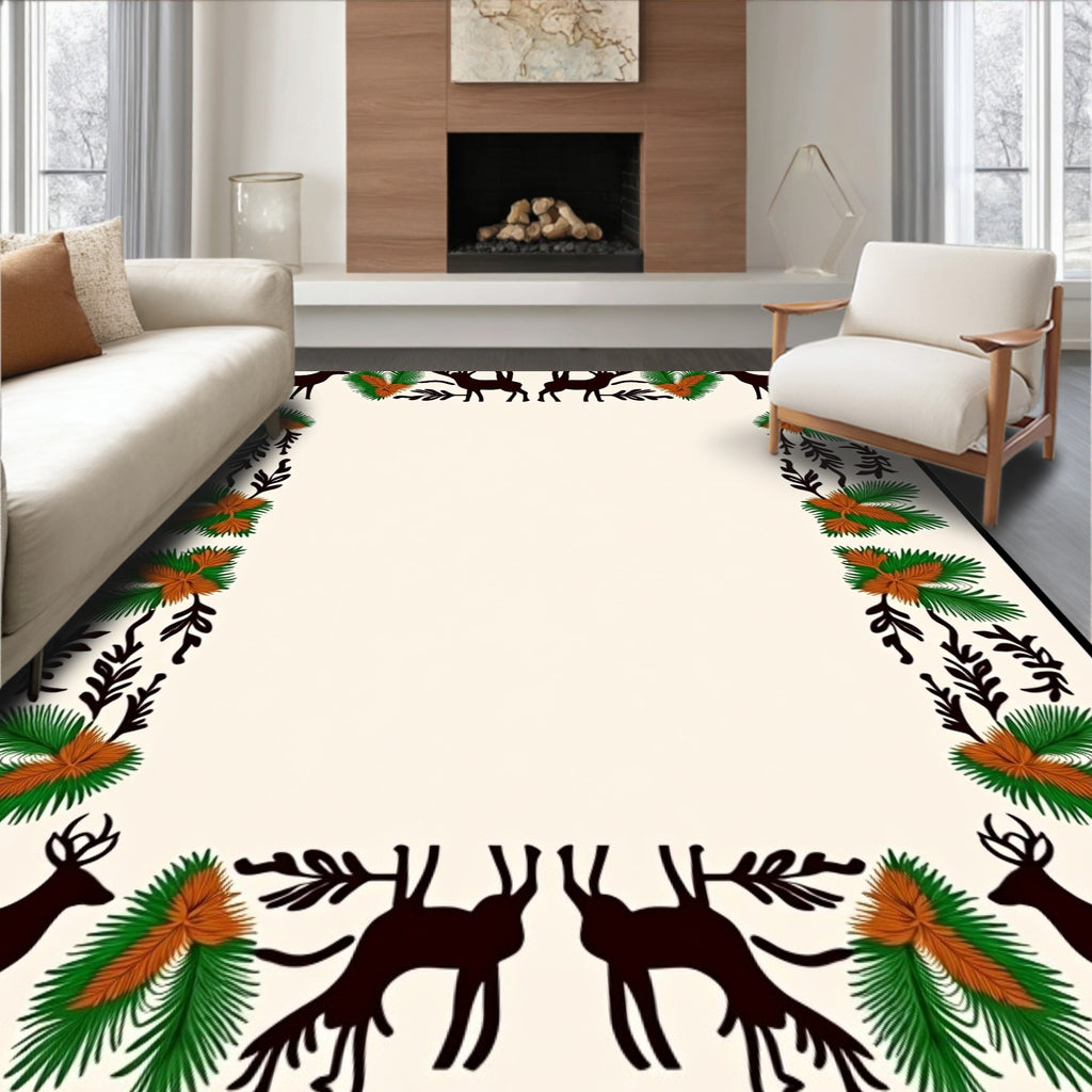 Rustic Deer Pinecone Foliage Border Rug