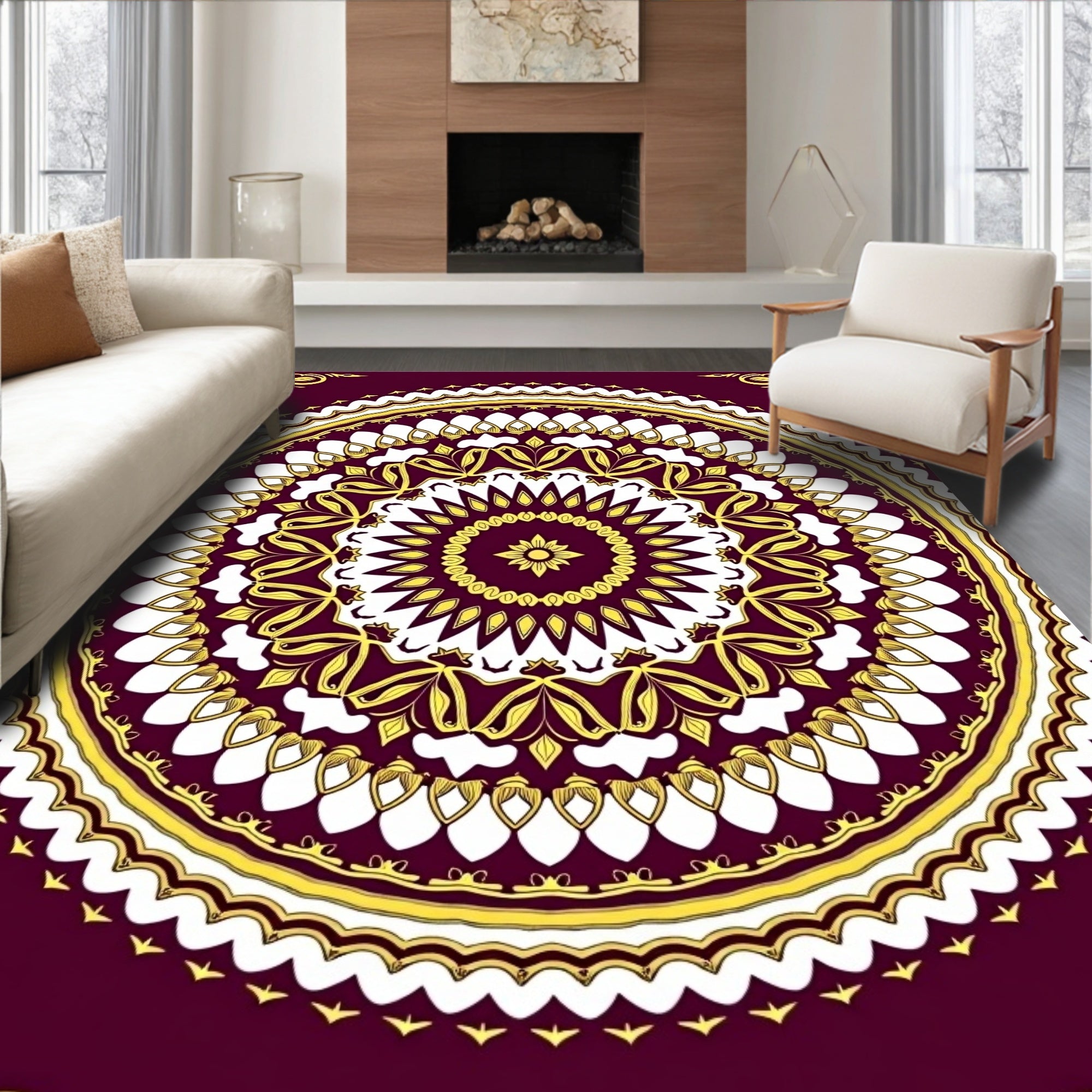 Crimson Gold Floral Mandala Rug