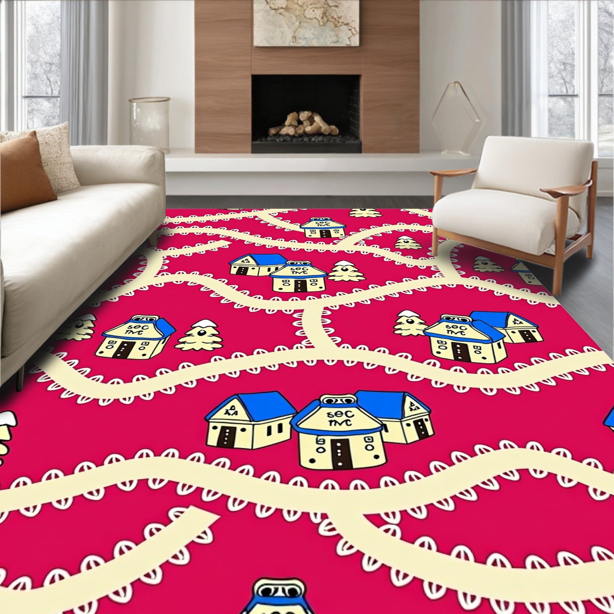 Whimsical Village Landscape Children's Rug