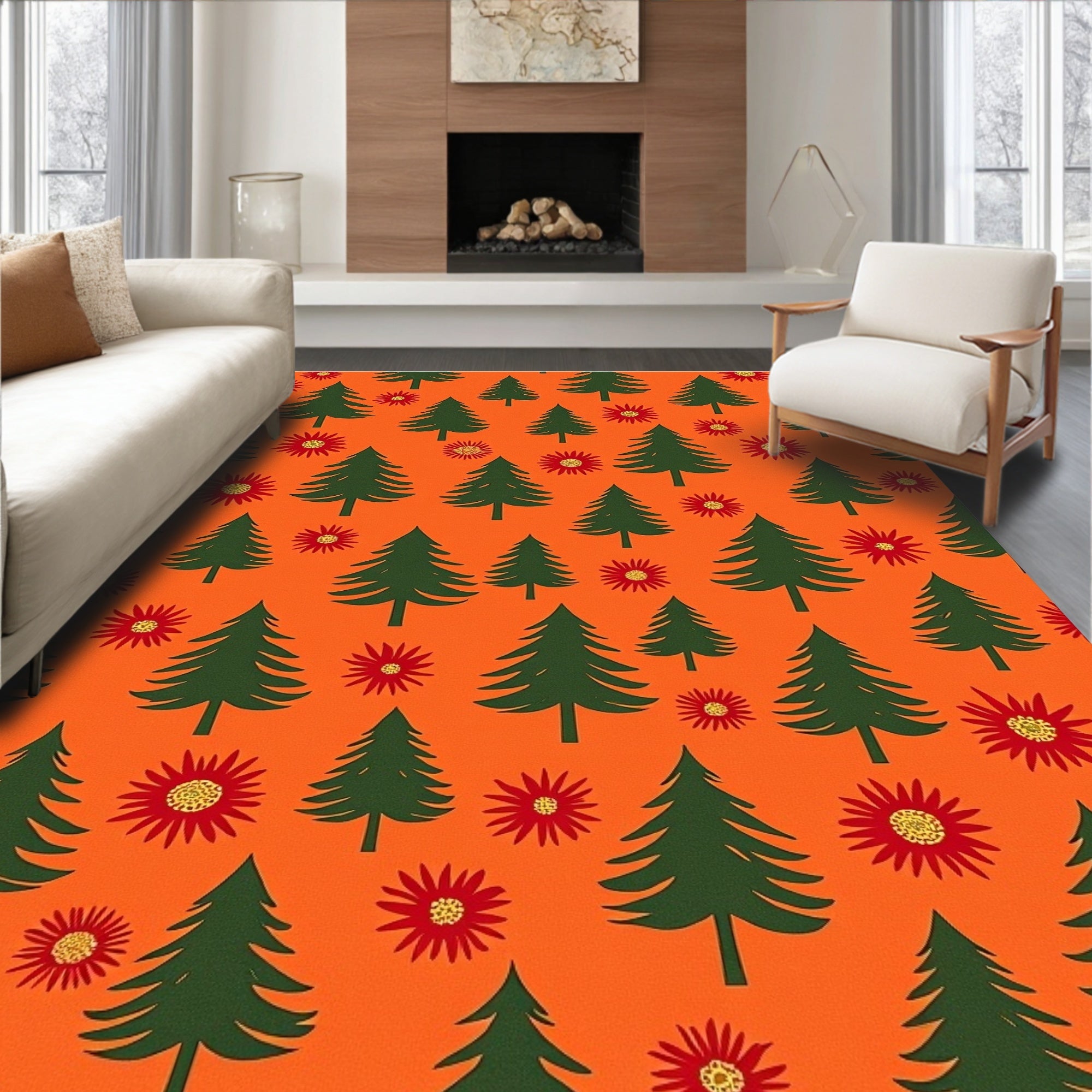 Evergreen Trees Red Floral Orange Rug