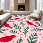 Red Birds Green Foliage Pink Background Rug