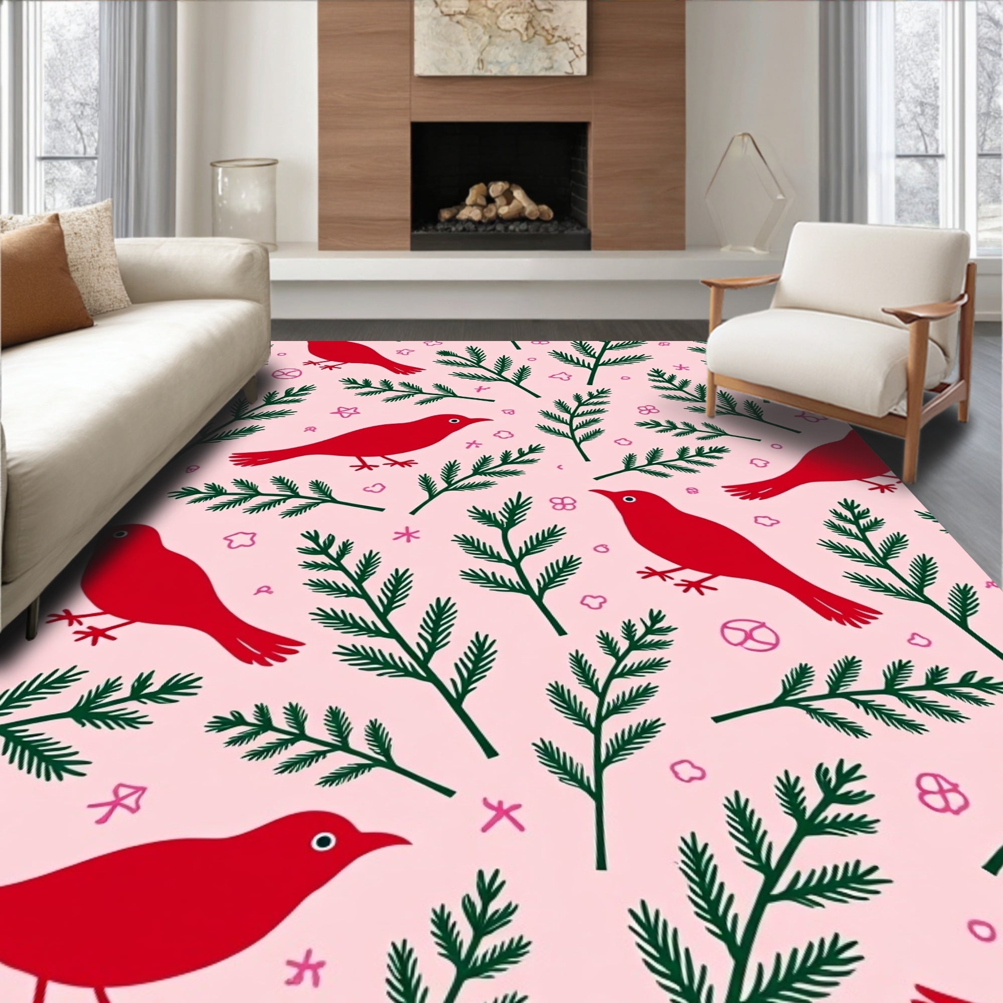 Red Birds Green Foliage Pink Background Rug
