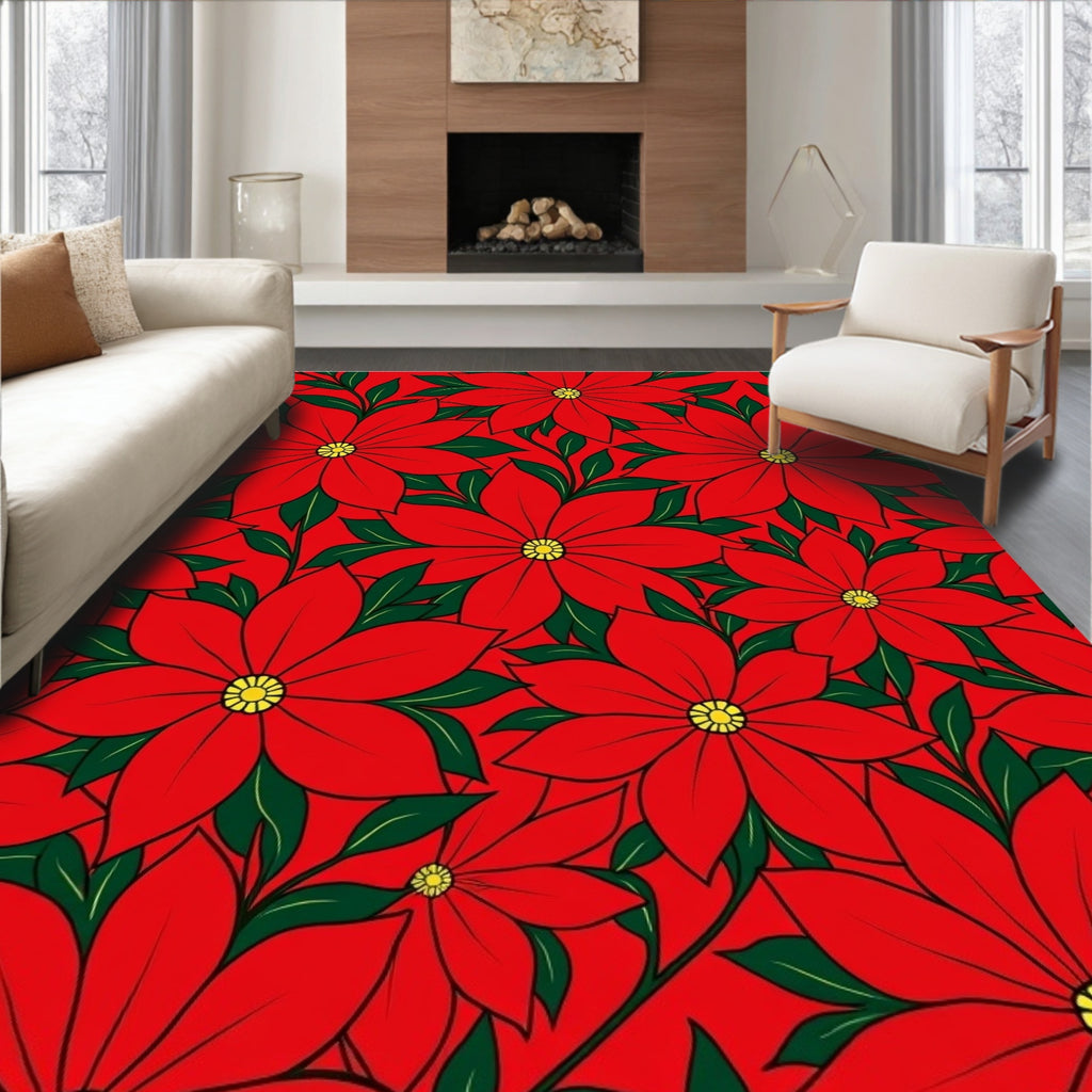 Crimson Red Floral Poinsettia Garden Rug