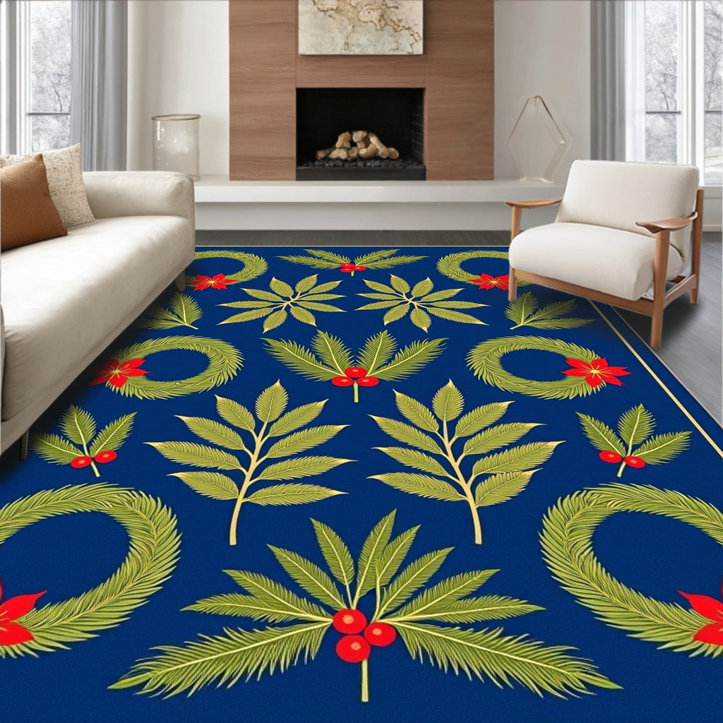 Deep Blue Christmas Wreath Poinsettia Rug