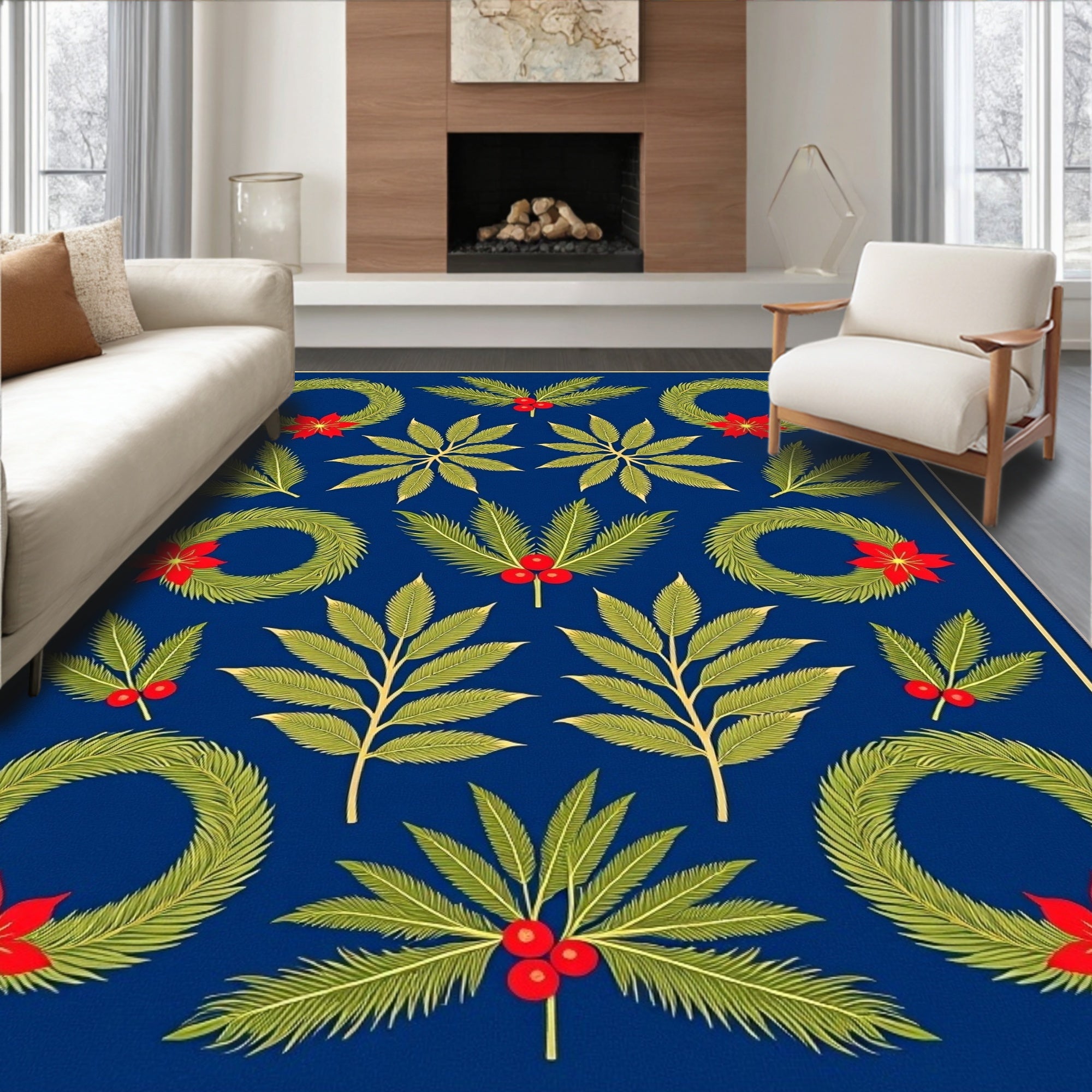 Deep Blue Christmas Wreath Poinsettia Rug