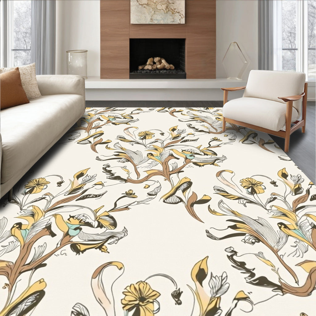 Earthy Yellow Leafy Scrollwork Rug