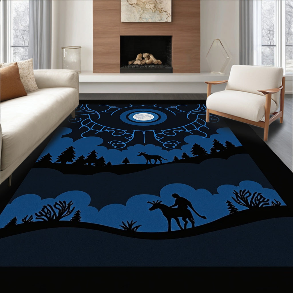 Midnight Blue Moonlit Forest Scene Rug