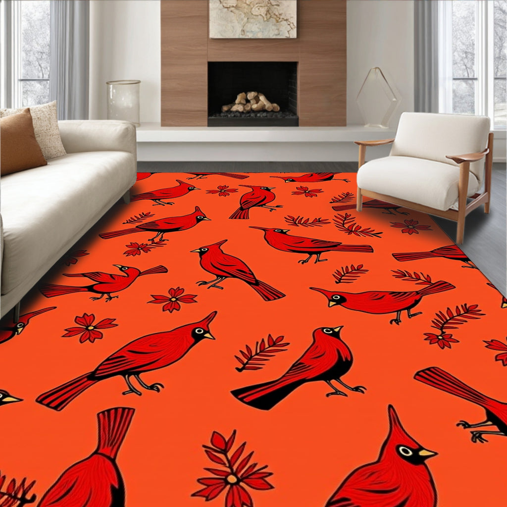 Vibrant Red Cardinal Floral Background Rug