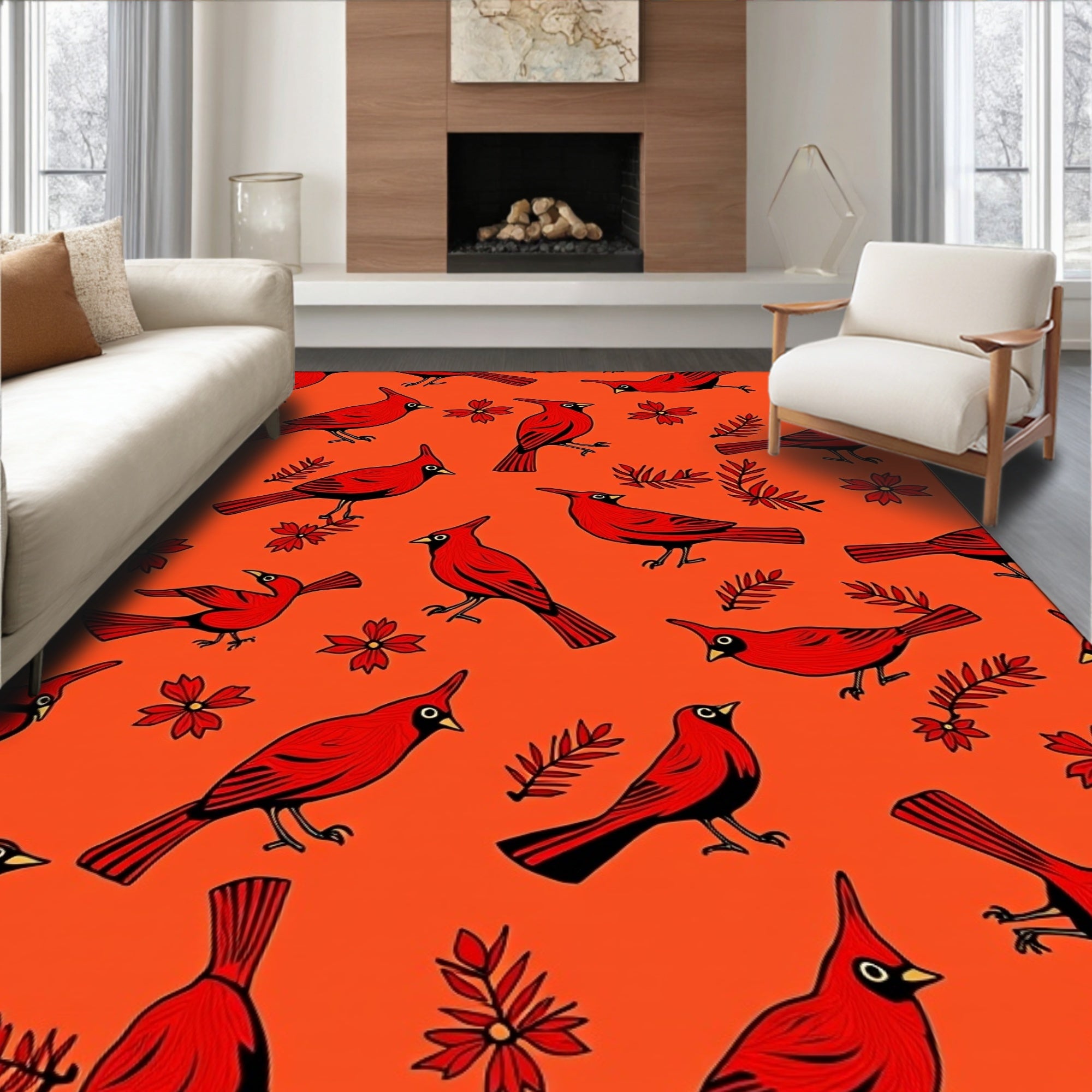 Vibrant Red Cardinal Floral Background Rug