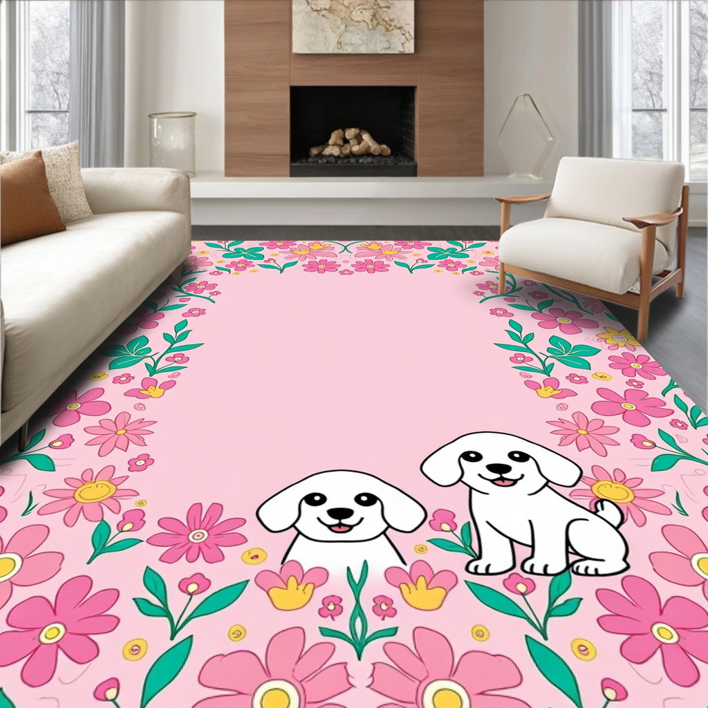 Whimsical Pink Floral Puppy Medley Rug