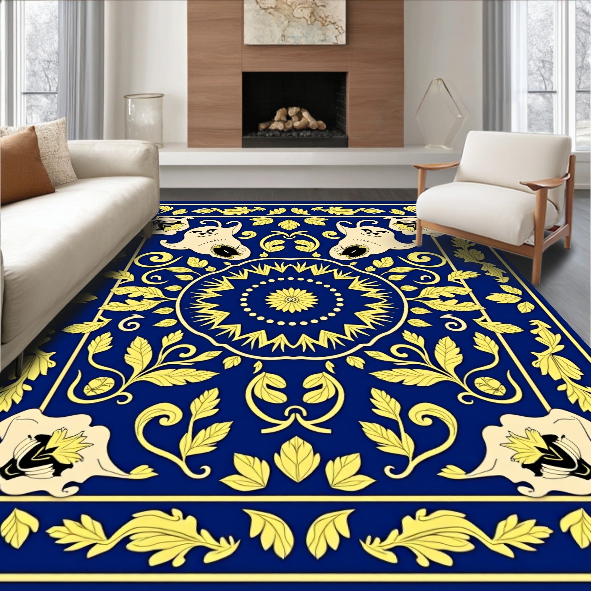 Whimsical Celestial Creatures Blue Yellow Rug