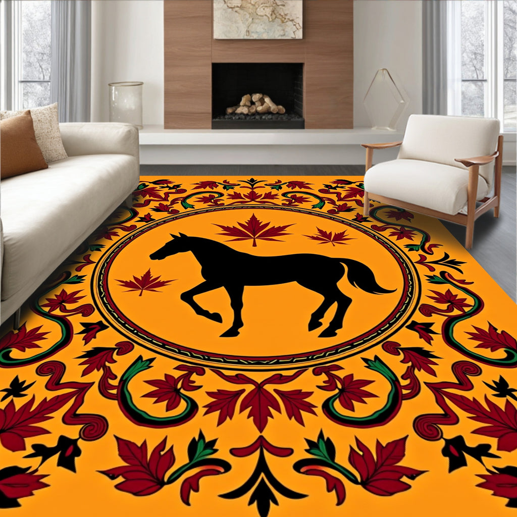 Black Horse Maple Leaf Medallion Border Rug