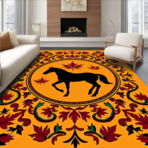 Black Horse Maple Leaf Medallion Border Rug