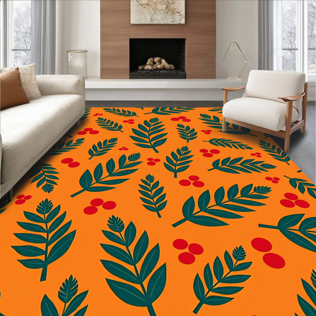Dark Teal Leaf Berry Orange Rug