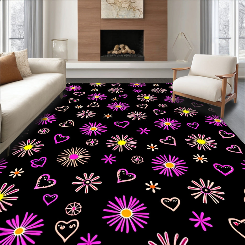 Pink Yellow Heart Flower Doodle Rug