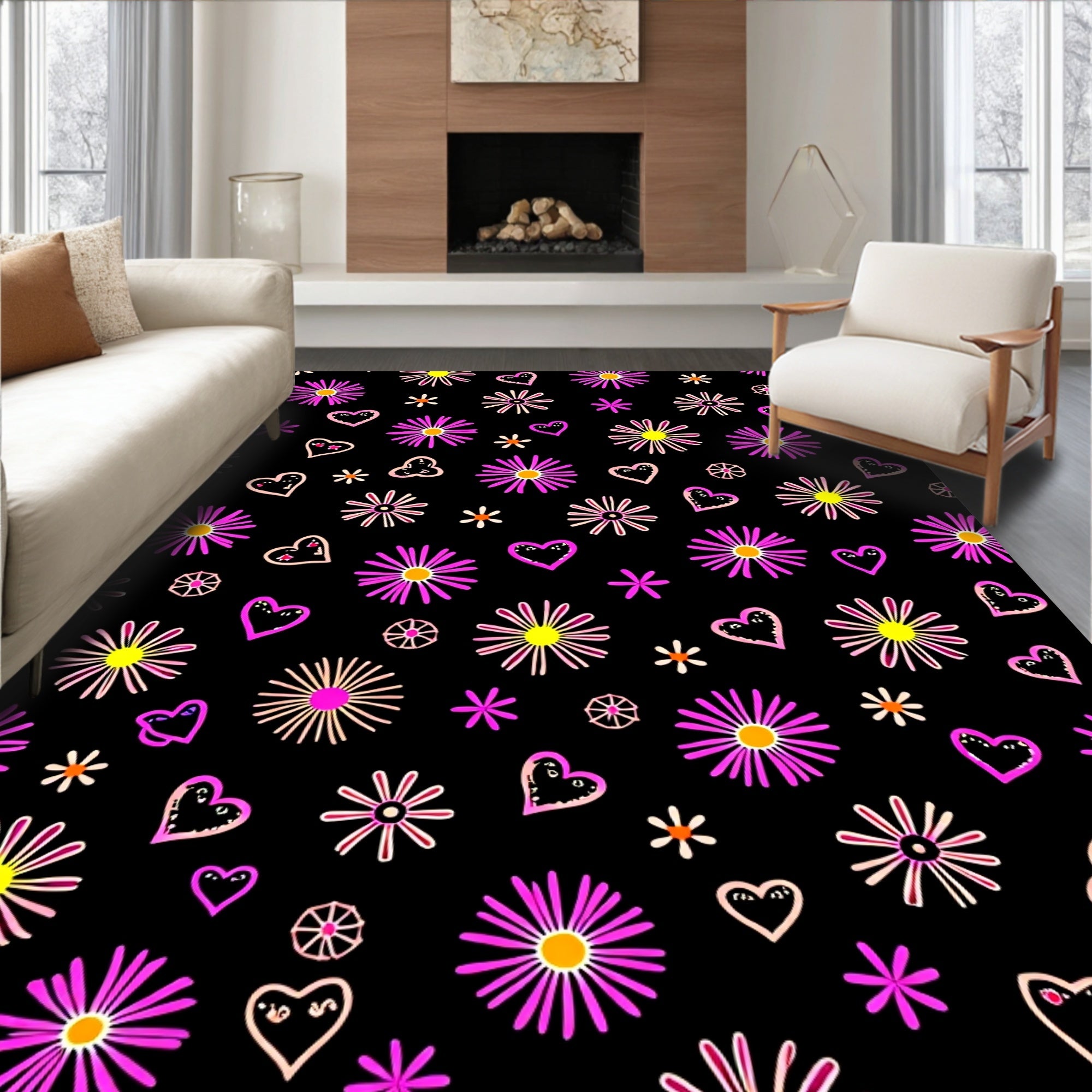Pink Yellow Heart Flower Doodle Rug