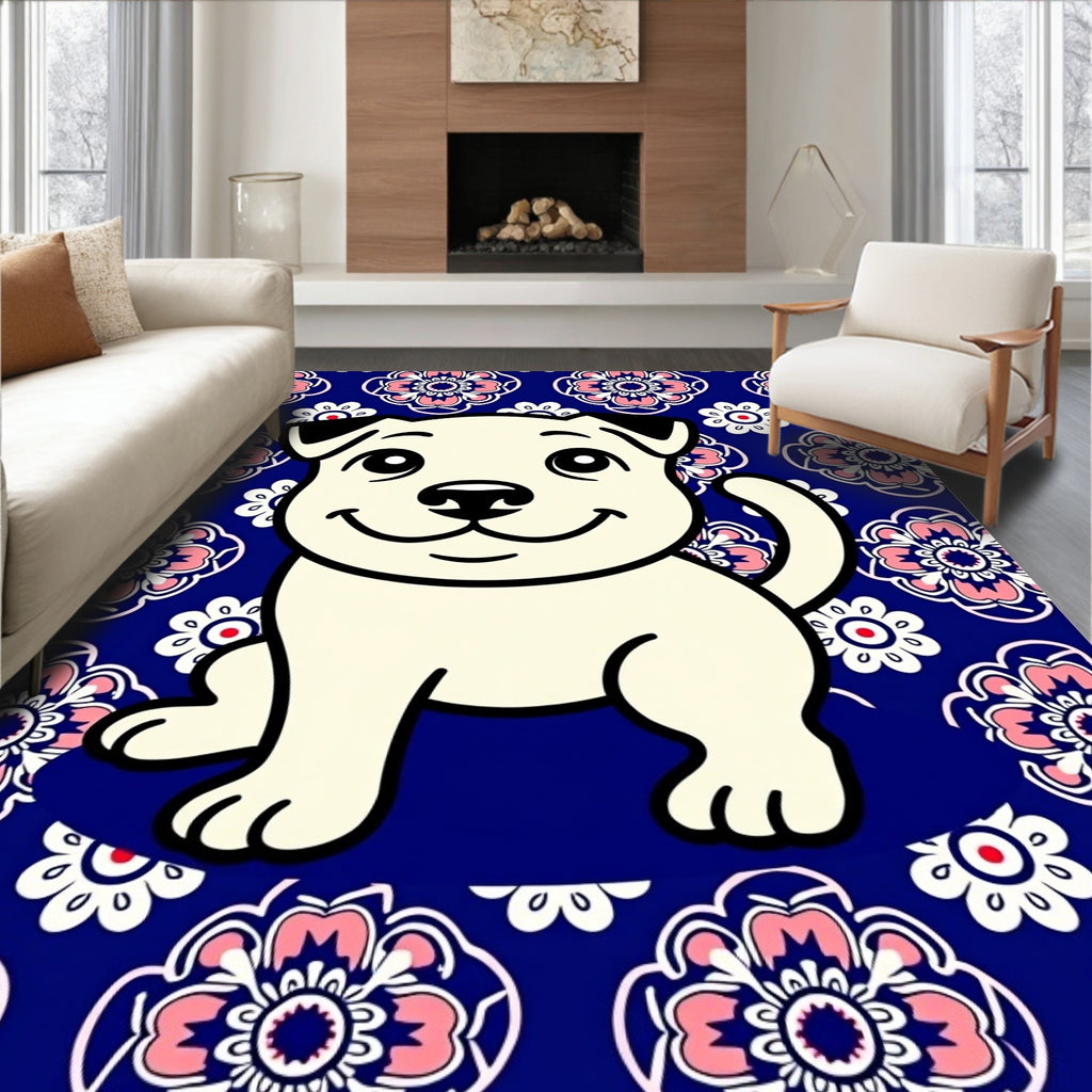 Whimsical Cream Puppy Floral Medallion Rug