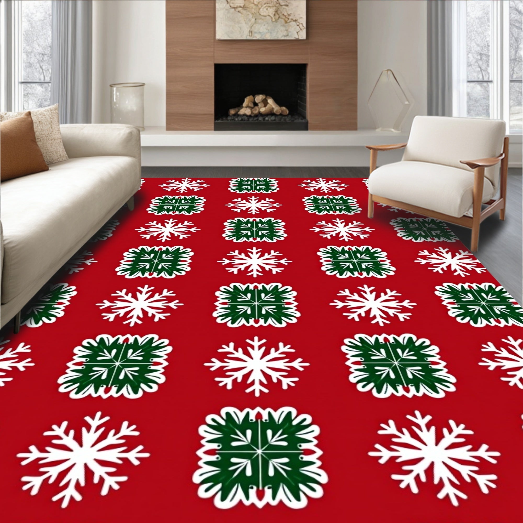 Red, White, and Green Snowflake Quilt Rug