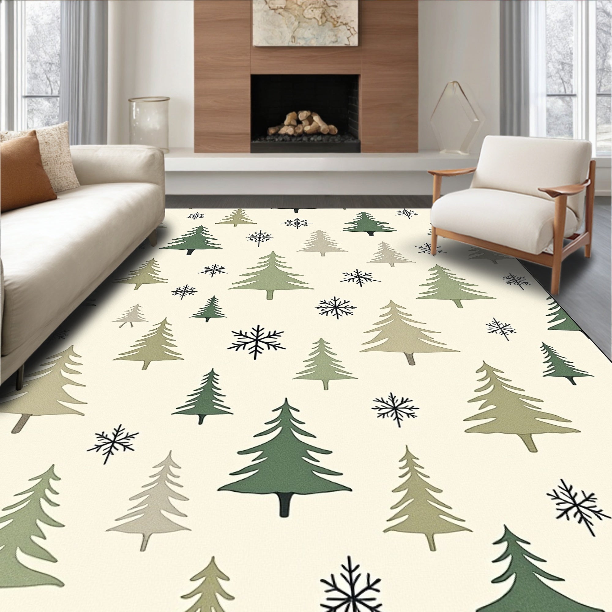 Creamy Beige Pine Wreath Snowflakes Rug