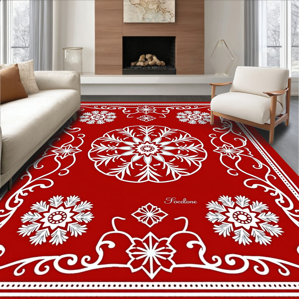 Bold Red White Floral Medallion Rug
