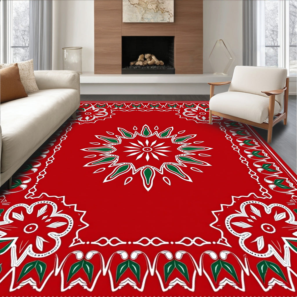 Vibrant Red Floral Medallion Border Rug