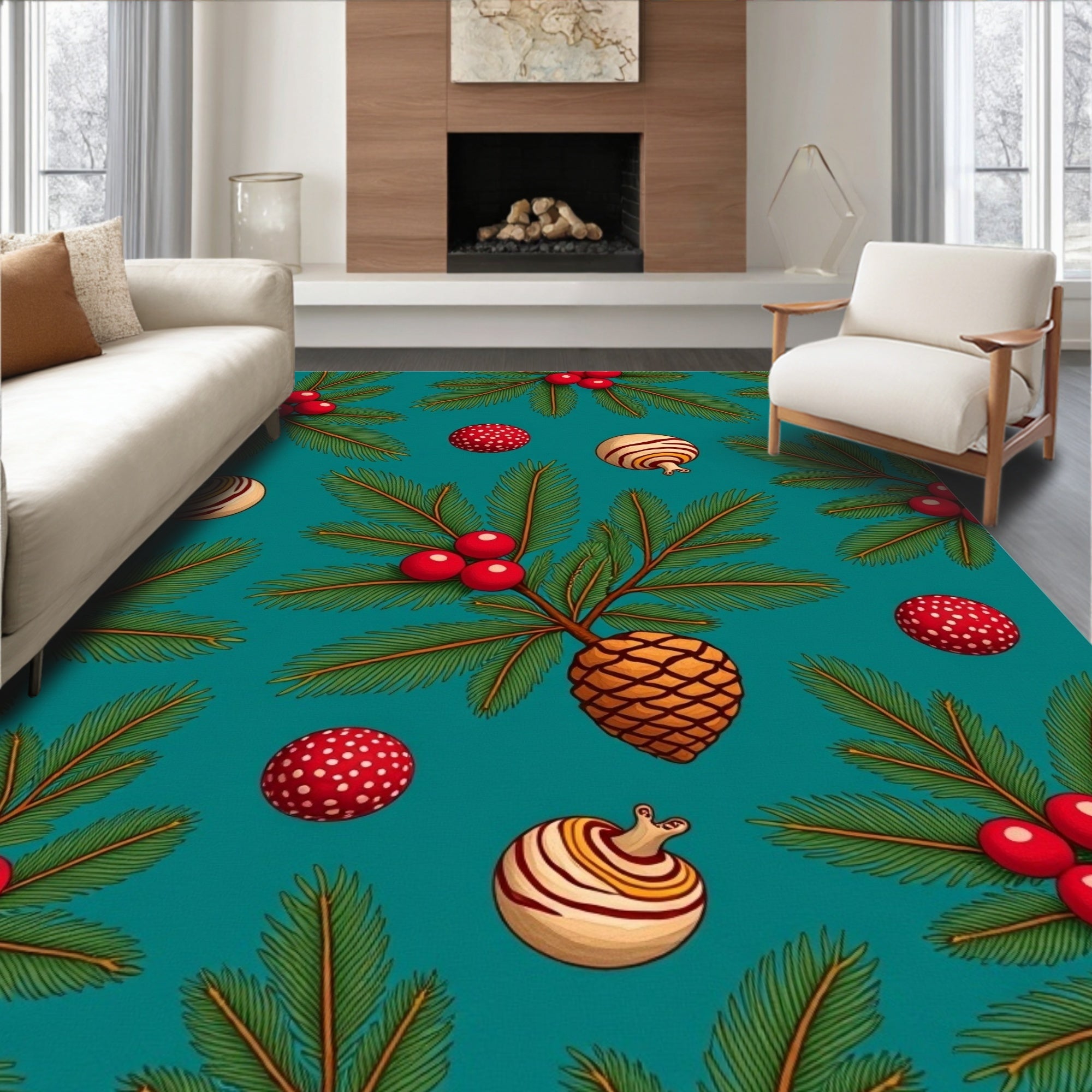 Festive Pine Berry Ornaments Snowflakes Rug