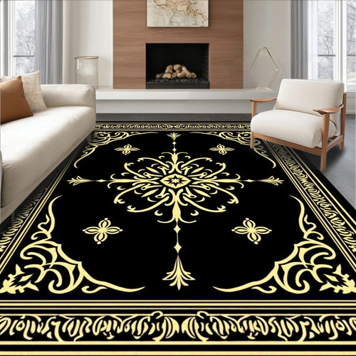 Black Yellow Vintage Floral Medallion Rug