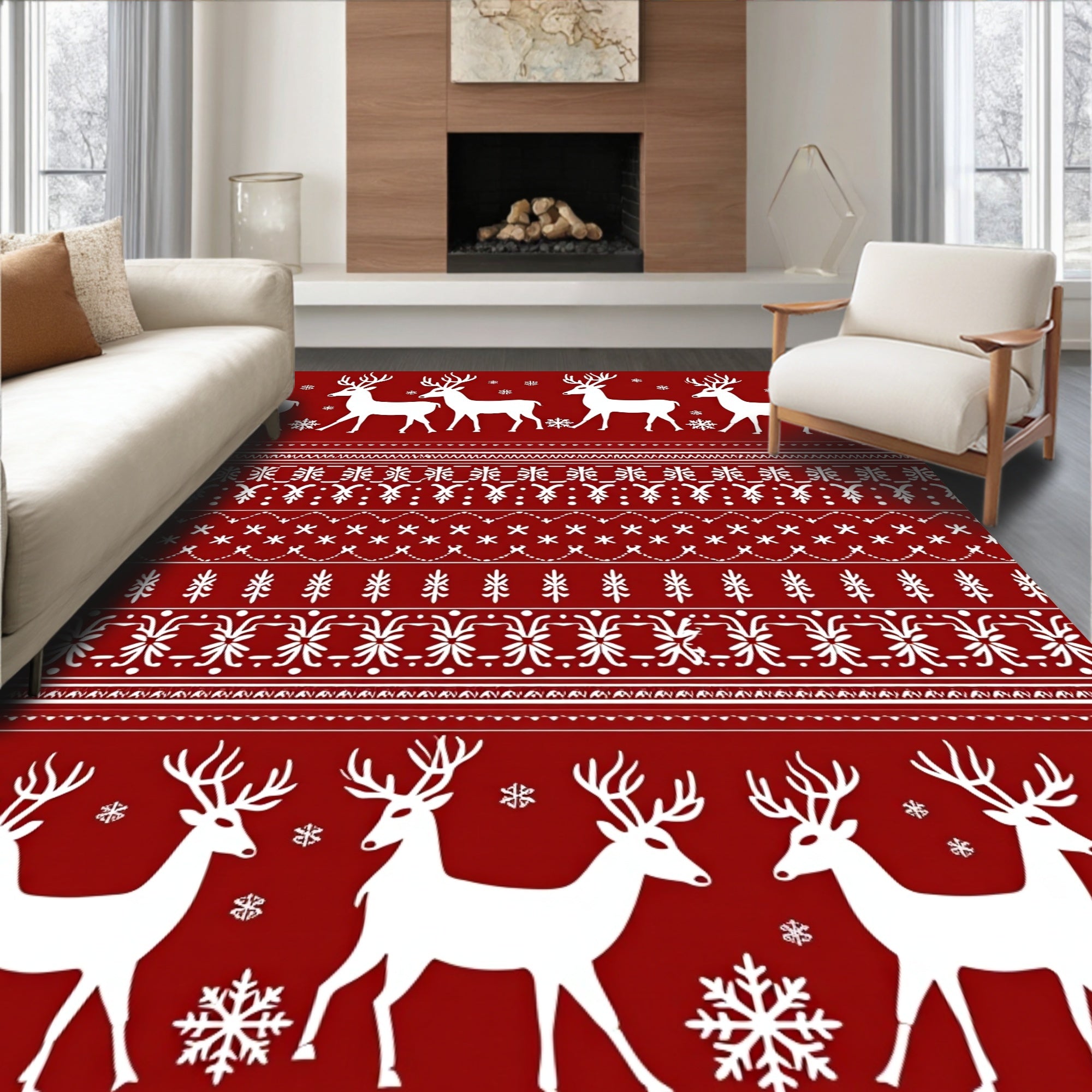 Crimson Reindeer Snowflake Winter Geometric Rug