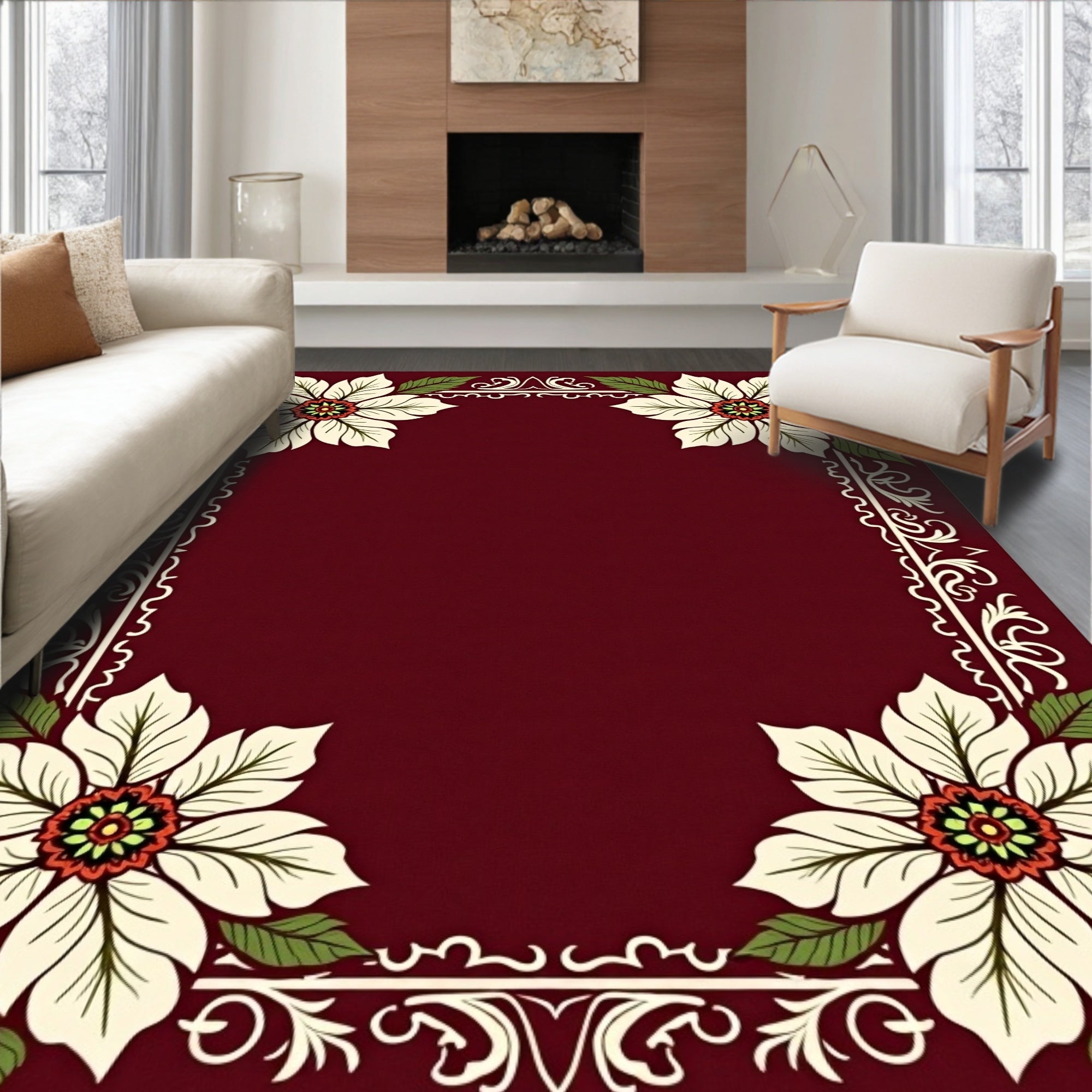 Crimson Poinsettia Floral Border Rug