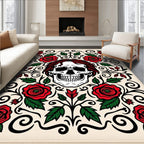 Skull Red Roses Floral Scroll Rug