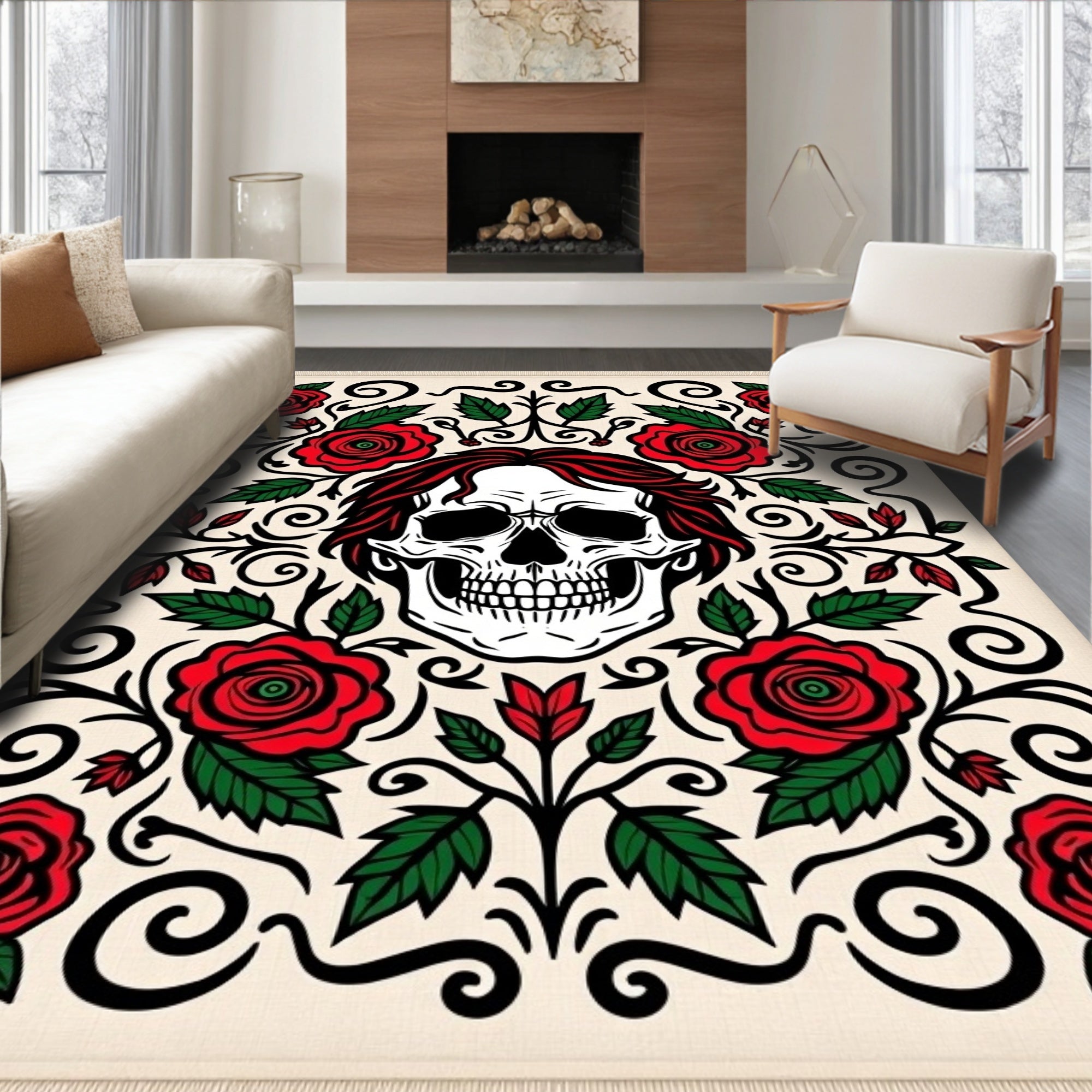 Skull Red Roses Floral Scroll Rug