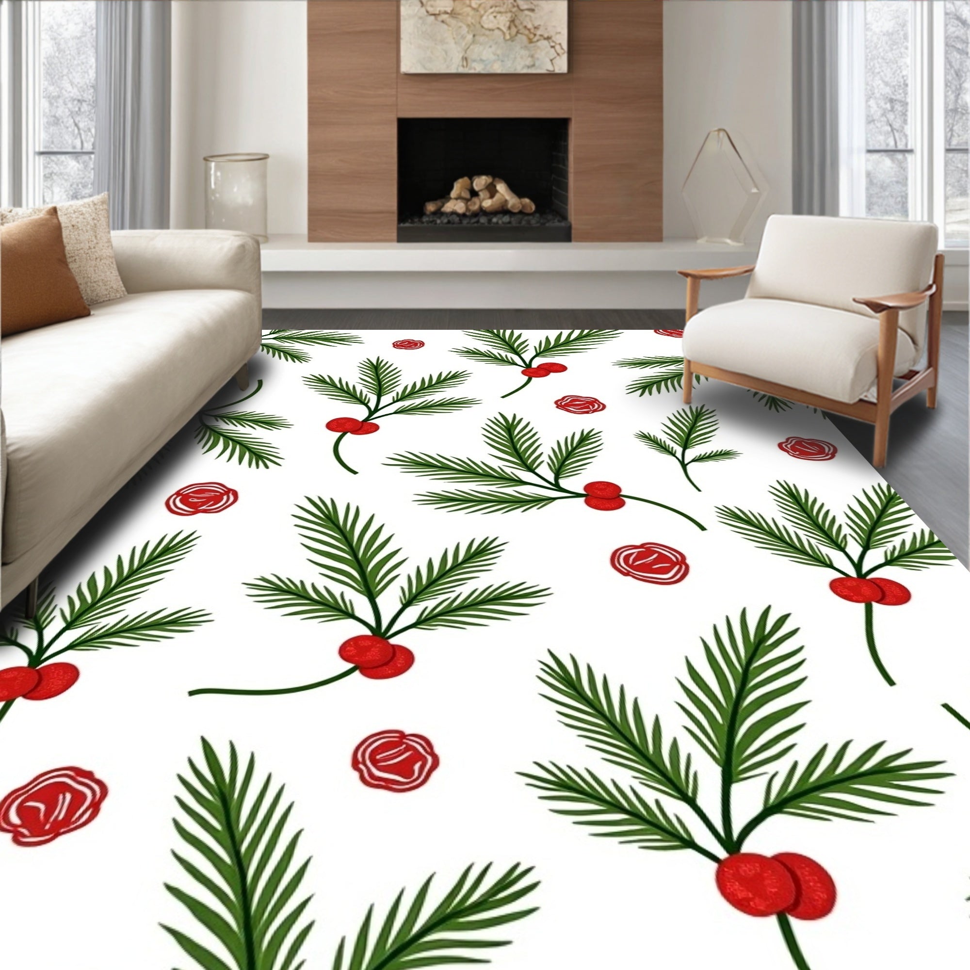 Festive Green Pine Sprig Red Berry Rug