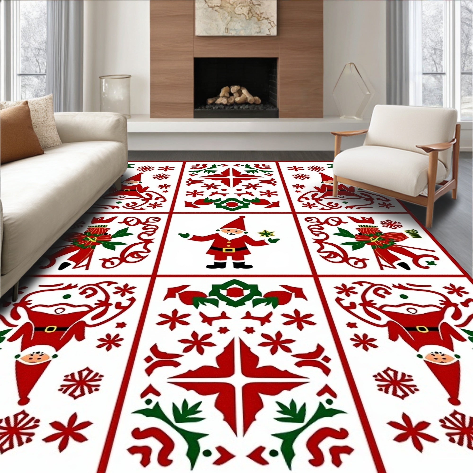 Festive Red Green Santa Village Panels Rug