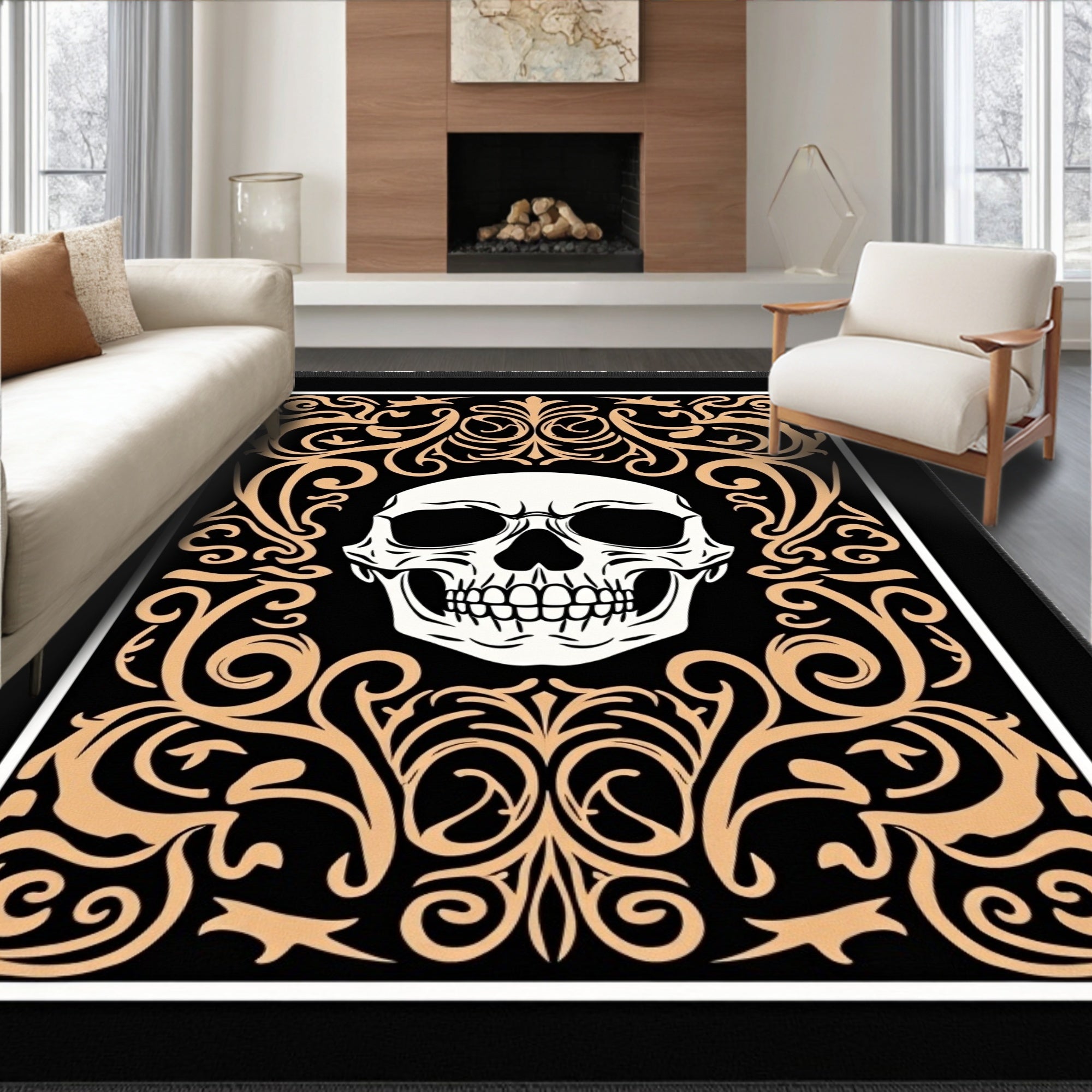 Black Golden Skull Ornament Rug