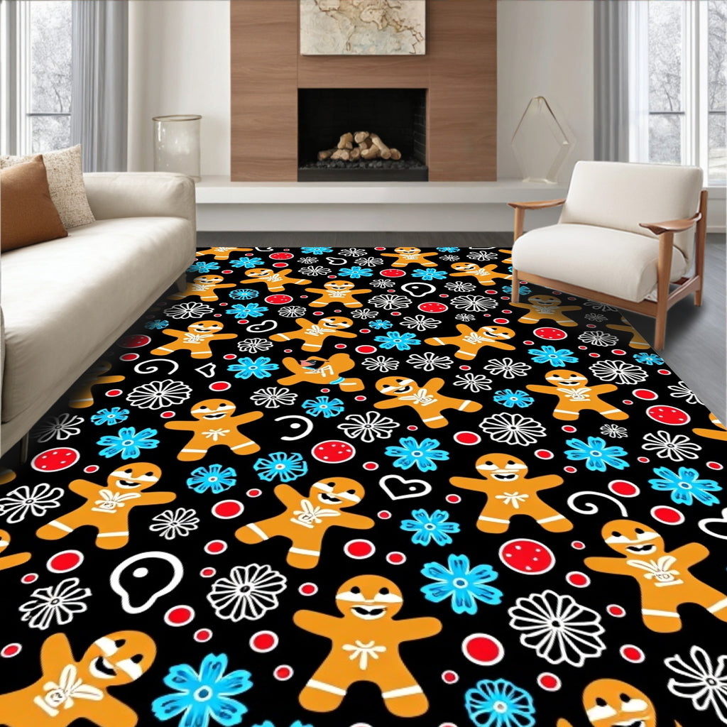 Cheery Gingerbread Man Blue Floral Black Rug
