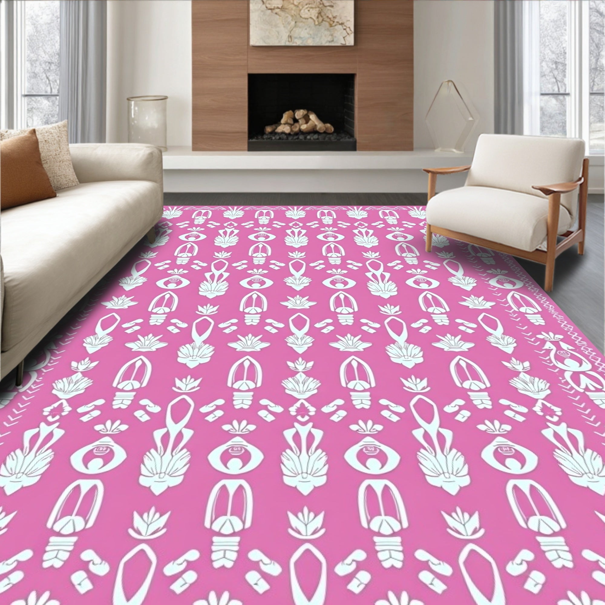 Pink White Symmetrical Botanical Arrangement Rug